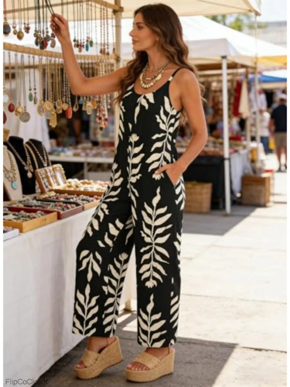 Sleeveless Wide Leg Floral Print Jumpsuit with Pockets